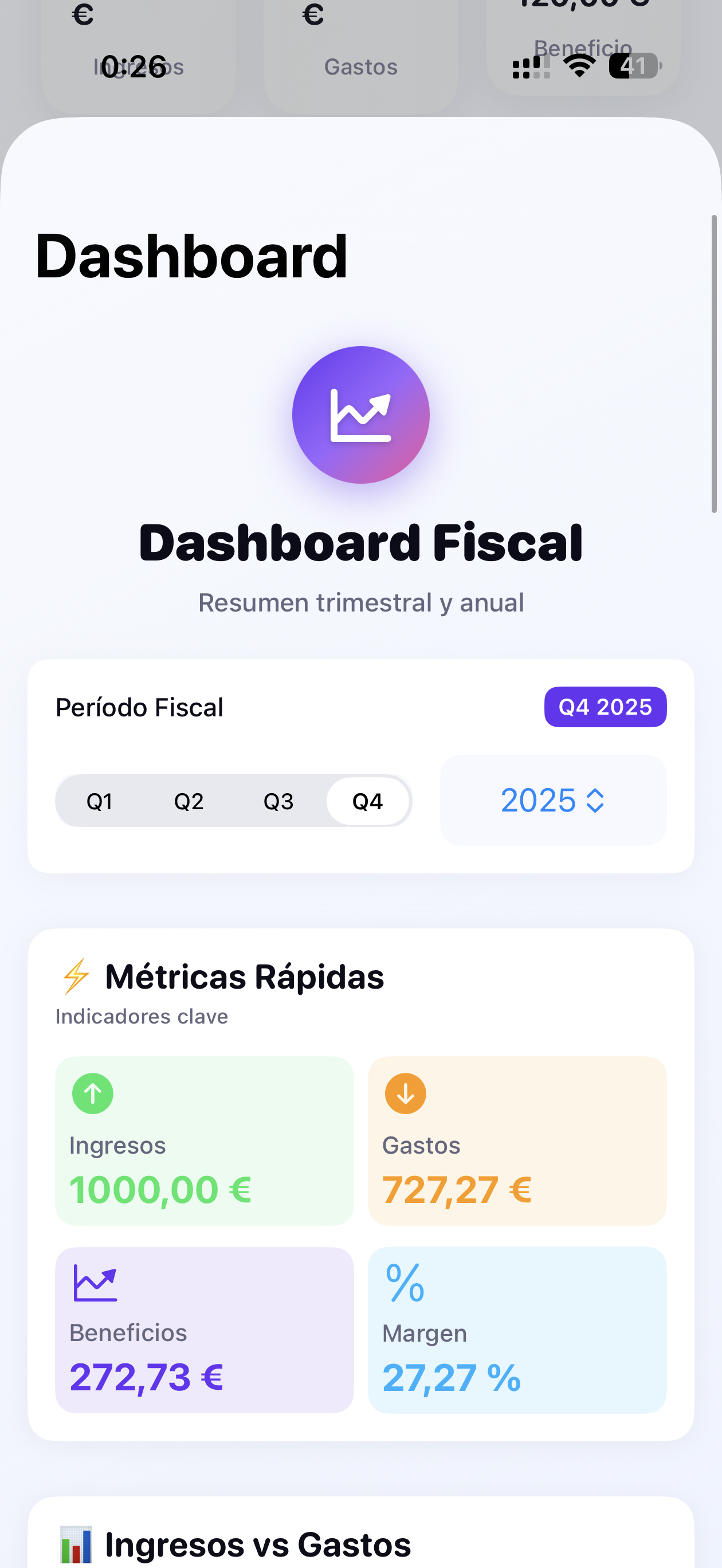 Dashboard de FiscalIA con estadísticas y métricas fiscales